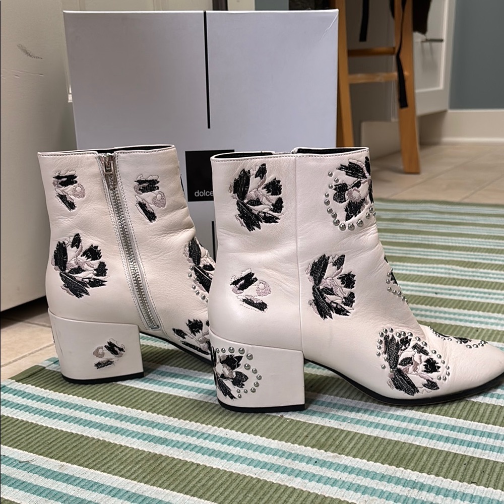 Dolce Vita White and Black Ankle Boots - embroidered leather